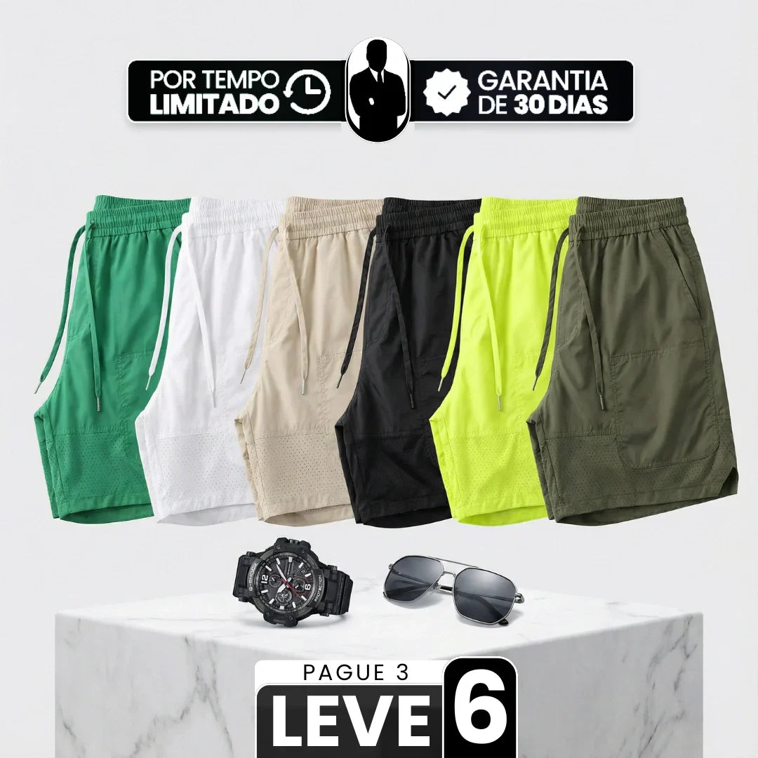 [Leve 6, Pague Só 3!] Bermudas Aero Pro Masculino em Nylon Tecnológico e Mesh Respirável de Ajuste Confortável com Ventilação Otimizada + BRINDES